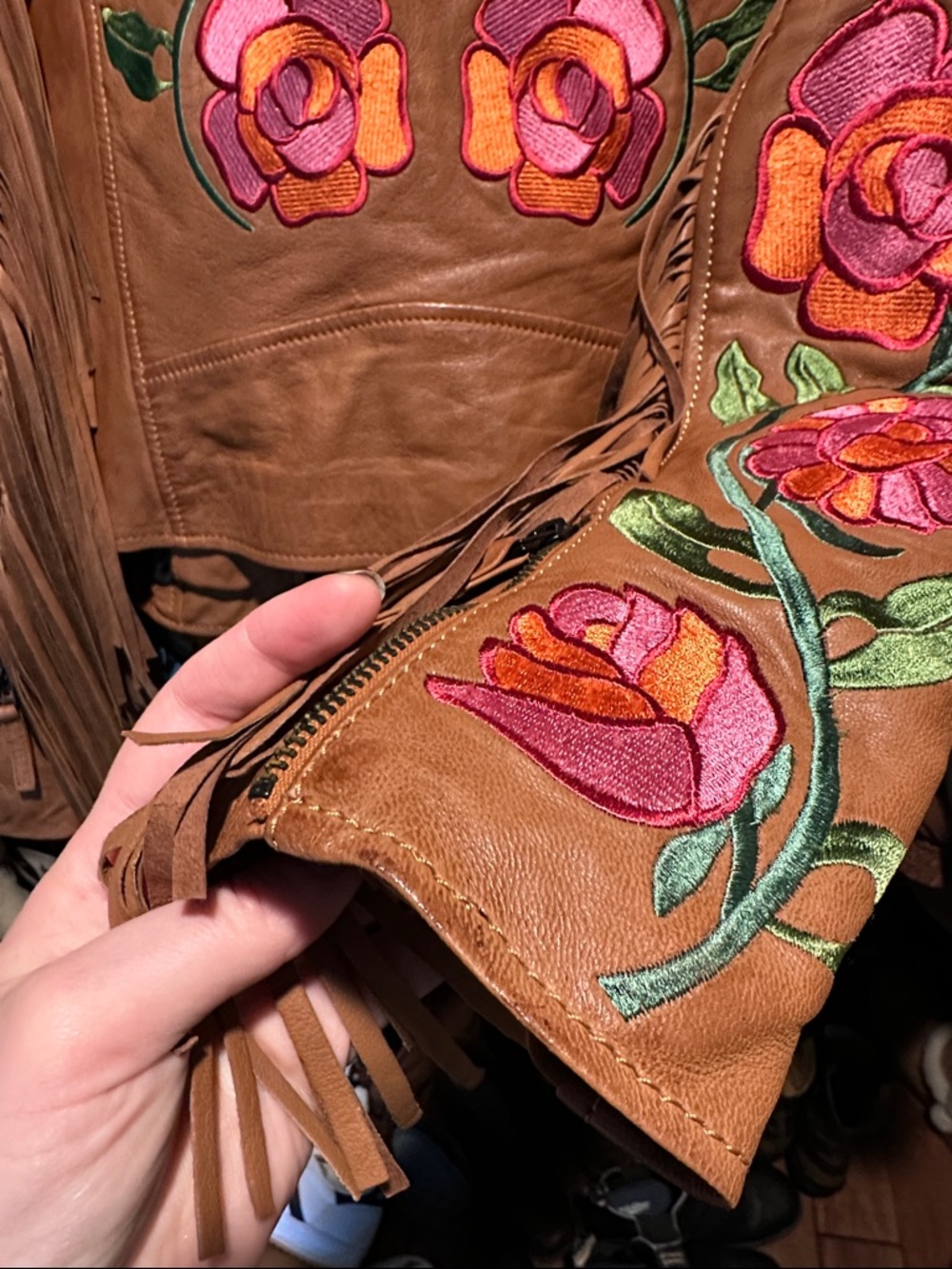 Free people x MAURITUS Crissy brown leather fringe jacket floral Size L - Picture 7 of 11